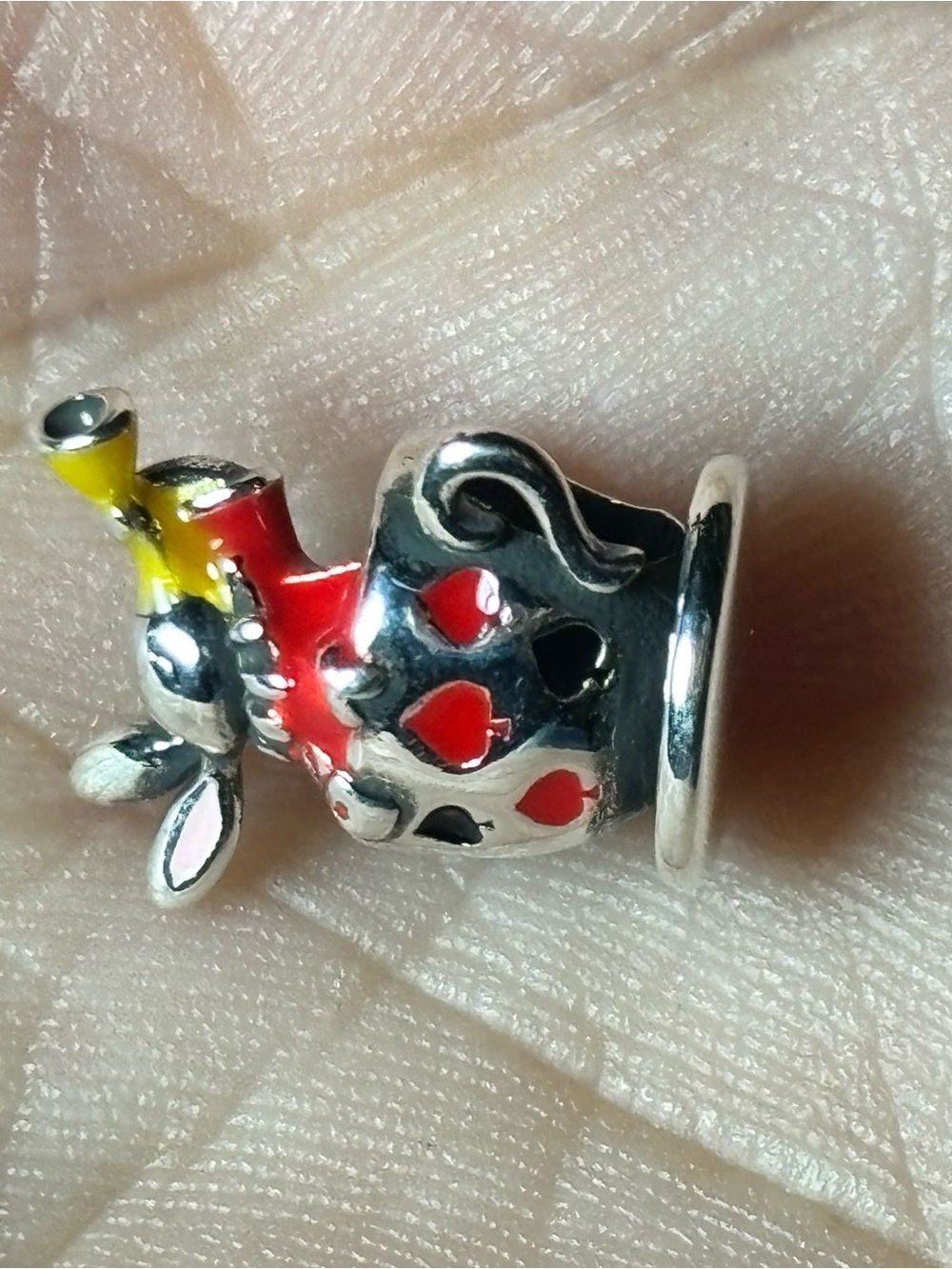 Alice and wonderlandSilver Enamel Teapot Charm with Red, Black & Yellow Accents